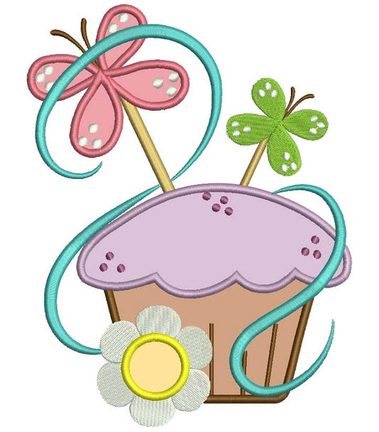 Cute Cupcake with Butterfly Applique Machine Embroidery Digitized Design Pattern