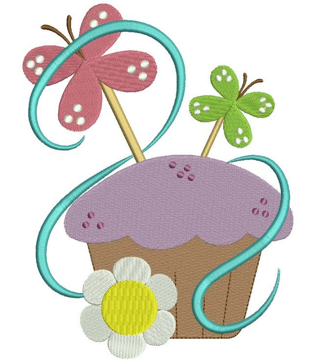 Cute Cupcake with Butterfly Filled Machine Embroidery Digitized Design Pattern