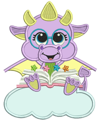 Cute Dino Sitting On The Cloud Reading a Book Applique Machine Embroidery Design Digitized Pattern