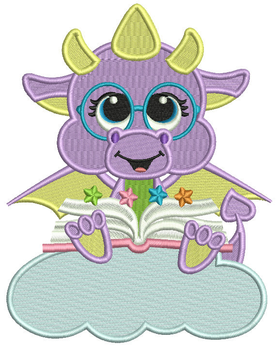 Cute Dino Sitting On The Cloud Reading a Book Filled Machine Embroidery Design Digitized Pattern