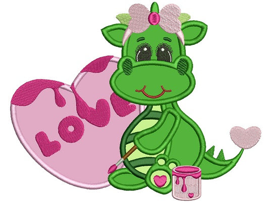Cute Dinosaur With a Big Heart Applique Machine Embroidery Design Digitized Pattern