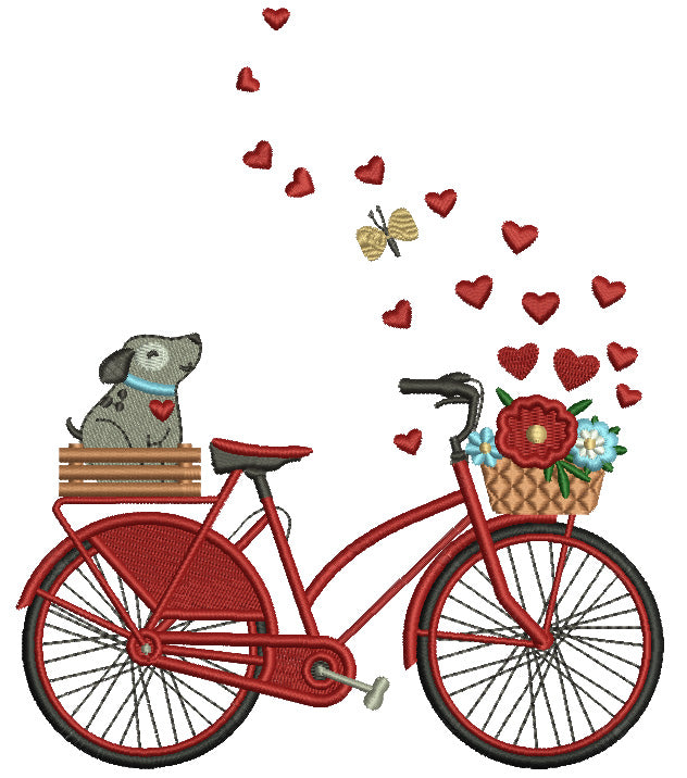 Cute Dog In The Back Of The Bicycle With Hearts Valentine's Day Filled Machine Embroidery Design Digitized Pattern