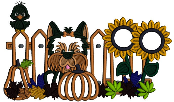 Cute Dog Pumpkins And Sunflowers Fall Thanksgiving Applique Machine Embroidery Design Digitized Pattern