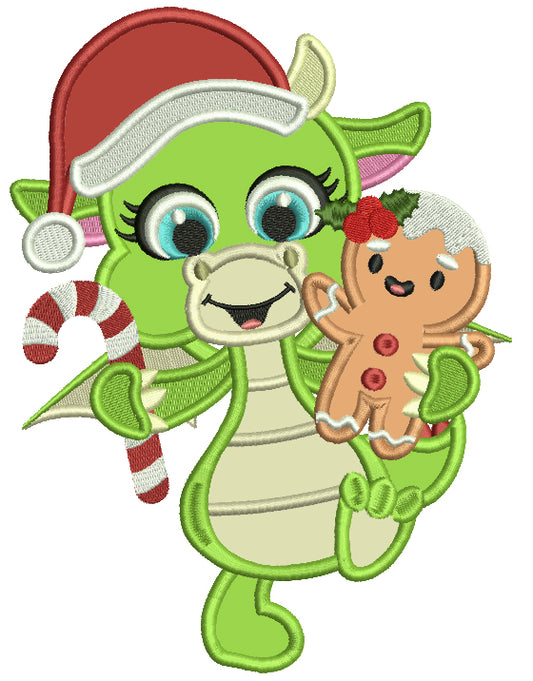 Cute Dragon Holding Gingerbread Man Wearing Santa Hat Applique Christmas Machine Embroidery Design Digitized Pattern