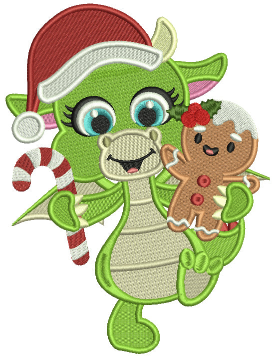 Cute Dragon Holding Gingerbread Man Wearing Santa Hat Filled Christmas Machine Embroidery Design Digitized Pattern
