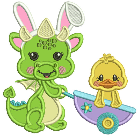 Cute Dragon Wearing Bunny Ears Driving Little Chick On a Garden Wagon Easter Applique Machine Embroidery Design Digitized Pattern