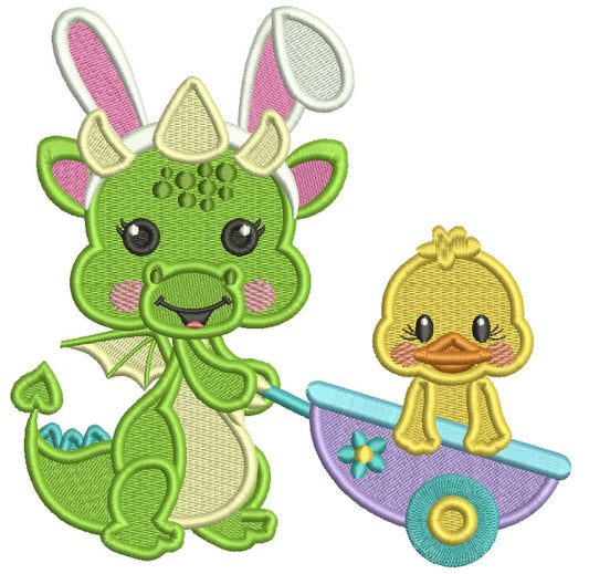 Cute Dragon Wearing Bunny Ears Driving Little Chick On a Garden Wagon Easter Filled Machine Embroidery Design Digitized Pattern