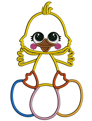 Cute Duck And 3 Easter Eggs Applique Machine Embroidery Design Digitized