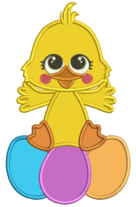 Cute Duck And 3 Easter Eggs Applique Machine Embroidery Design Digitized