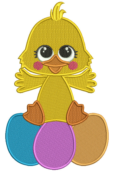Cute Duck And 3 Easter Eggs Filled Machine Embroidery Design Digitized