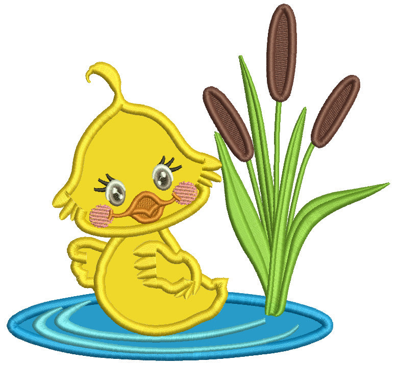 Cute Duck Sitting In The Pond With Flowers Applique Machine Embroidery Design Digitized Pattern