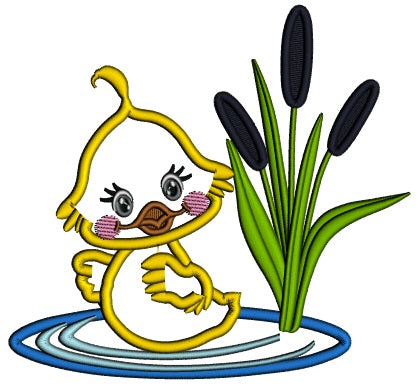 Cute Duck Sitting In The Pond With Flowers Applique Machine Embroidery Design Digitized Pattern