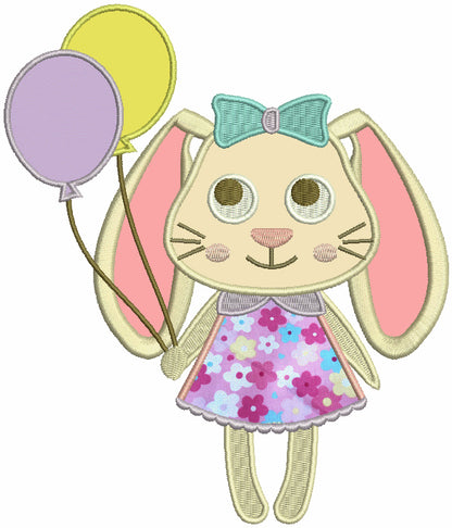 Cute Easter Bunny Holding Balloons Applique Machine Embroidery Design Digitized Pattern