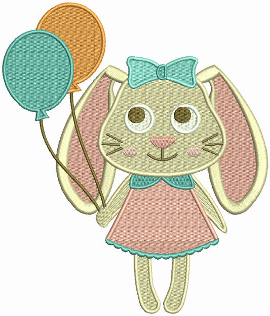 Cute Easter Bunny Holding Balloons Filled Machine Embroidery Design Digitized Pattern
