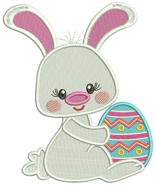 Cute Easter Bunny With Fluffy Tail Holding An Egg Filled Machine Embroidery Design Digitized Pattern