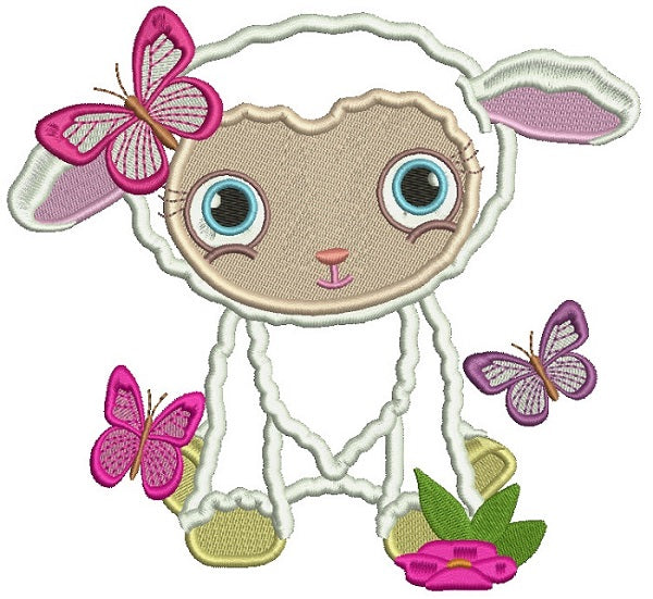 Cute Easter Lamb With a Pretty Butterflies Applique Machine Embroidery Design Digitized Pattern