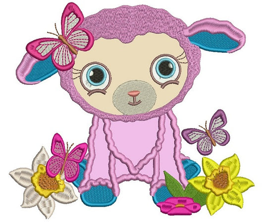 Cute Easter Lamb With a Pretty Butterfly and Flowers Applique Machine Embroidery Design Digitized Pattern