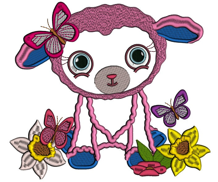 Cute Easter Lamb With a Pretty Butterfly and Flowers Applique Machine Embroidery Design Digitized Pattern