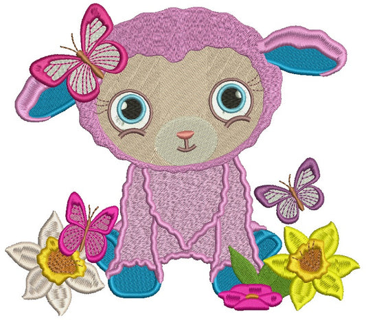 Cute Easter Lamb With a Pretty Butterfly and Flowers Filled Machine Embroidery Design Digitized Pattern