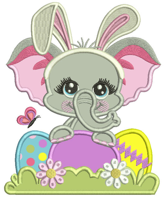 Cute Elephant Baby Girl With Easter Eggs Applique Machine Embroidery Design Digitized Pattern