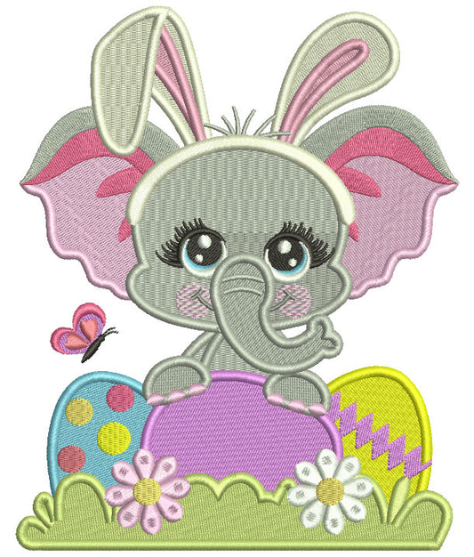 Cute Elephant Baby Girl With Easter Eggs Filled Machine Embroidery Design Digitized Pattern