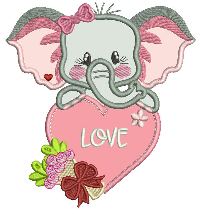 Cute Elephant Holding Big Heart With Flowers Applique Valentine's Day Machine Embroidery Design Digitized Pattern