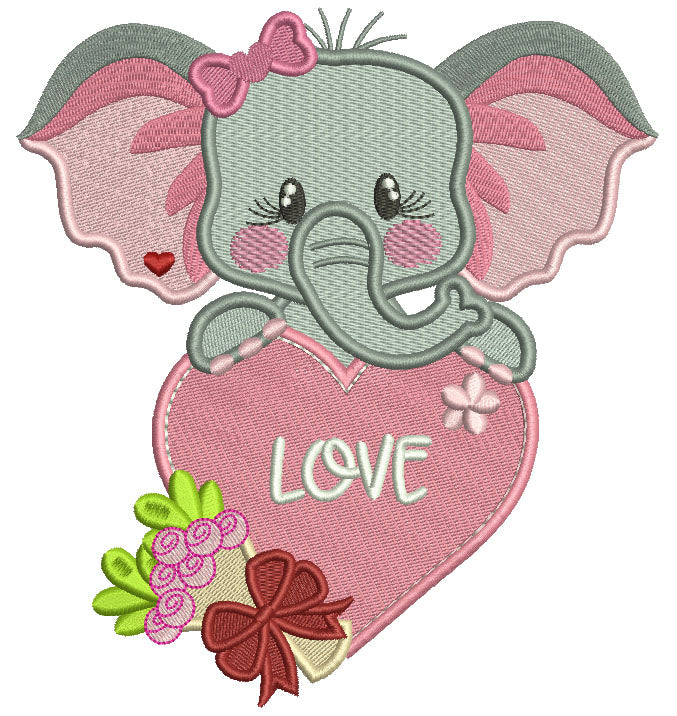 Cute Elephant Holding Big Heart With Flowers Filled Valentine's Day Machine Embroidery Design Digitized Pattern