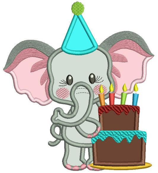 Cute Elephant Holding Birthday Cake Applique Machine Embroidery Design Digitized Pattern
