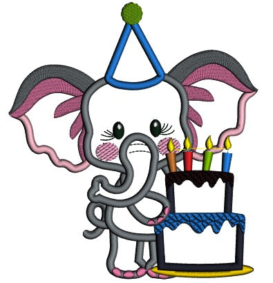 Cute Elephant Holding Birthday Cake Applique Machine Embroidery Design Digitized Pattern