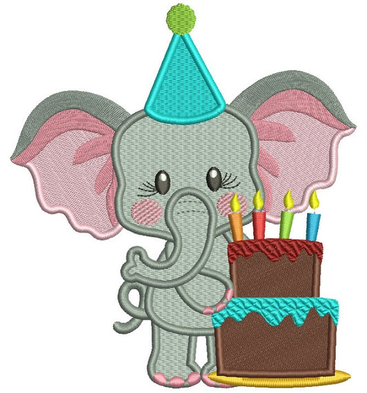 Cute Elephant Holding Birthday Cake Filled Machine Embroidery Design Digitized Pattern