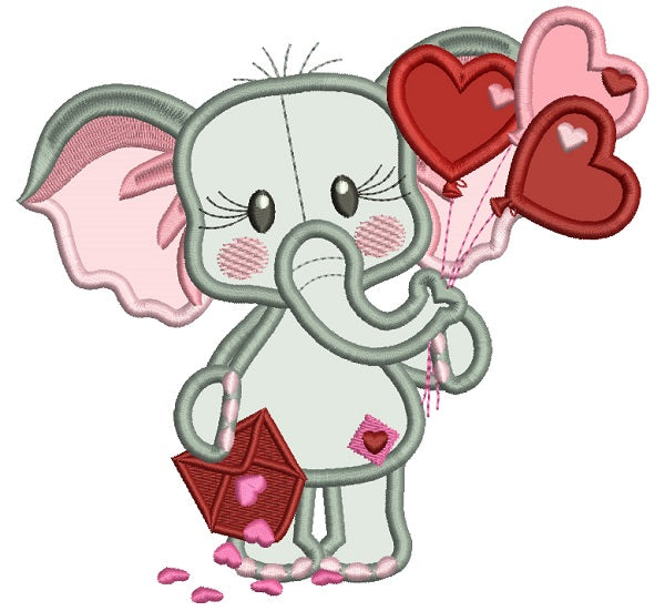 Cute Elephant Holding Letter Full Of Hearts and Heart Shaped Balloons Applique Machine Embroidery Design Digitized Pattern