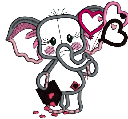 Cute Elephant Holding Letter Full Of Hearts and Heart Shaped Balloons Applique Machine Embroidery Design Digitized Pattern