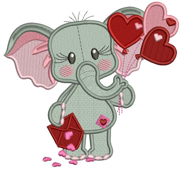 Cute Elephant Holding Letter Full Of Hearts and Heart Shaped Balloons Filled Machine Embroidery Design Digitized Pattern