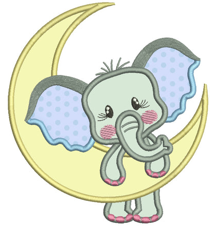 Cute Elephant Holding The Moon Applique Machine Embroidery Design Digitized Pattern