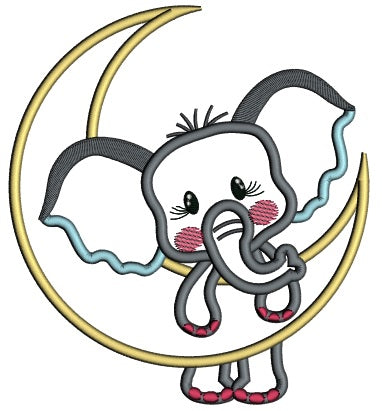 Cute Elephant Holding The Moon Applique Machine Embroidery Design Digitized Pattern
