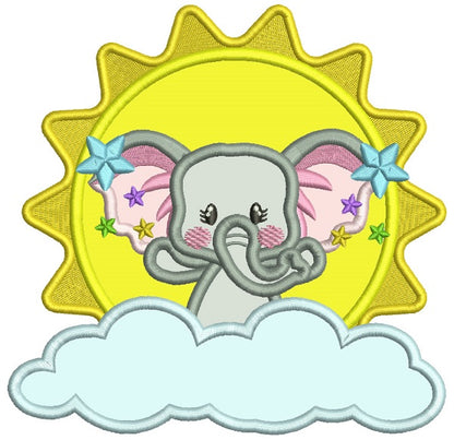 Cute Elephant On a CLoud And Big Sun Applique Machine Embroidery Design Digitized Pattern