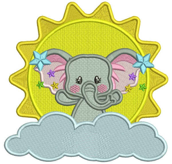 Cute Elephant On a CLoud And Big Sun Filled Machine Embroidery Design Digitized Pattern