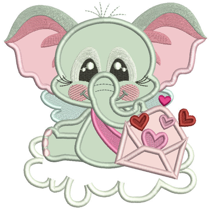 Cute Elephant Sitting On The Cloud Holding Letter Full Of Hearts Valentine's Day Applique Machine Embroidery Design Digitized Pattern