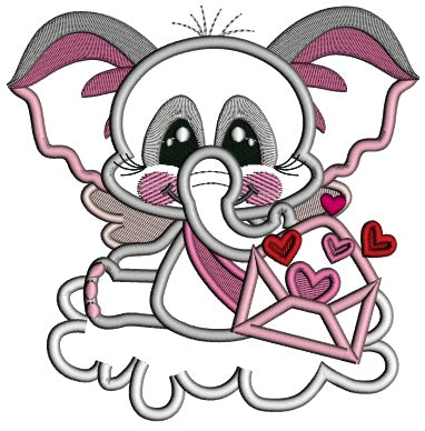 Cute Elephant Sitting On The Cloud Holding Letter Full Of Hearts Valentine's Day Applique Machine Embroidery Design Digitized Pattern