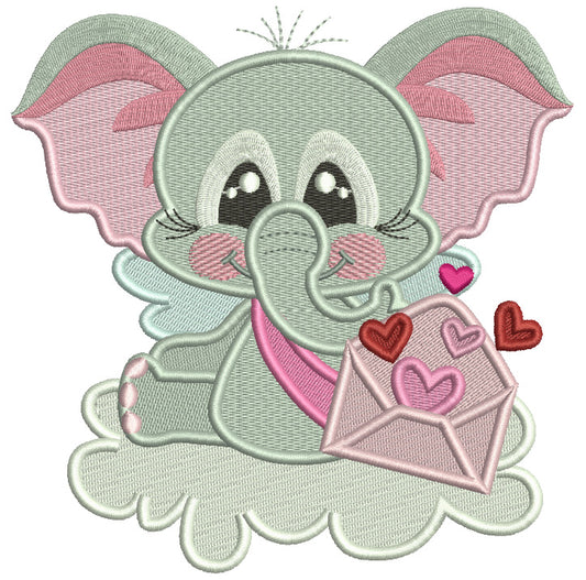Cute Elephant Sitting On The Cloud Holding Letter Full Of Hearts Valentine's Day Filled Machine Embroidery Design Digitized Pattern