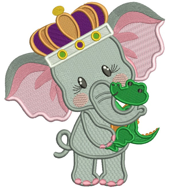 Cute Elephant Wearing Mardi Gras Crown Filled Machine Embroidery Design Digitized Pattern