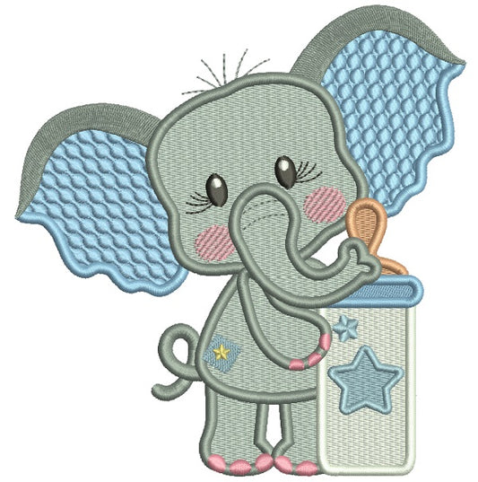 Cute Elephant With Baby Bottle Filled Machine Embroidery Design Digitized Pattern