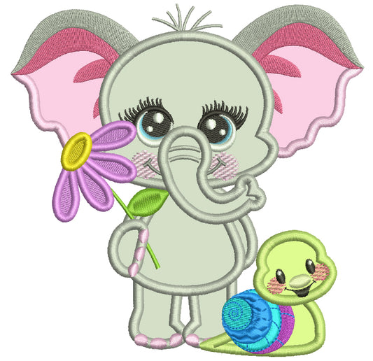 Cute Elephant With a Little Snail Applique Machine Embroidery Design Digitized Pattern