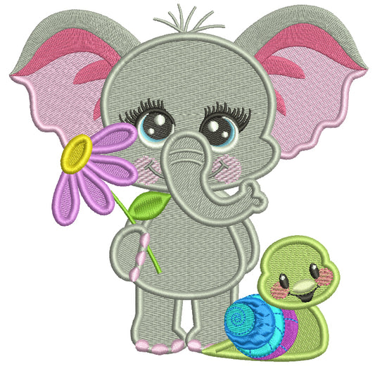 Cute Elephant With a Little Snail Filled Machine Embroidery Design Digitized Pattern