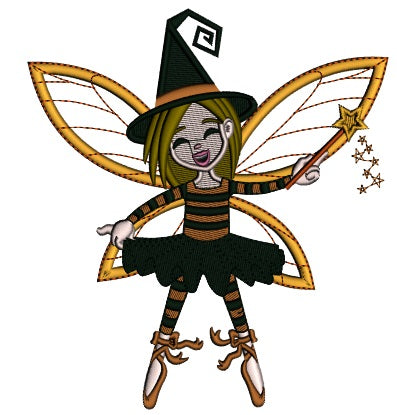 Cute Fairy Witch Halloween Applique Machine Embroidery Design Digitized Pattern