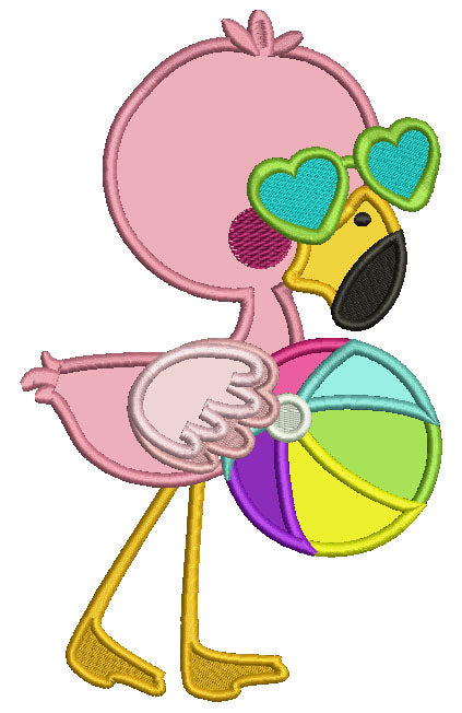 Cute Flamingo Holding Beach Ball Applique Machine Embroidery Design Digitized Pattern