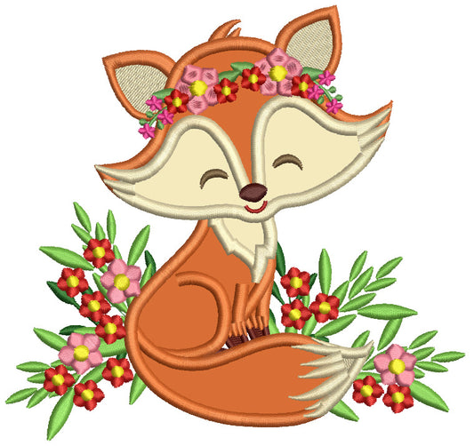 Cute Fox With Flowers Animal Applique Machine Embroidery Design Digitized Pattern