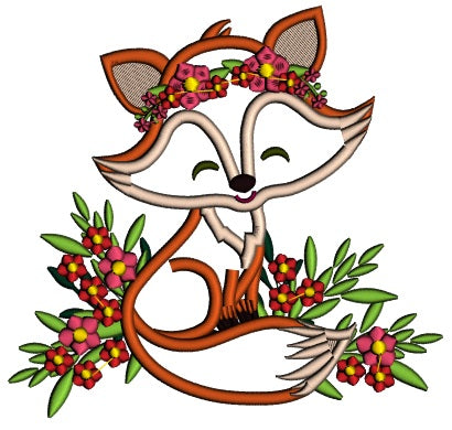 Cute Fox With Flowers Animal Applique Machine Embroidery Design Digitized Pattern