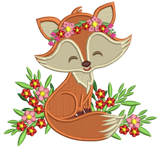Cute Fox With Flowers Animal Filled Machine Embroidery Design Digitized Pattern