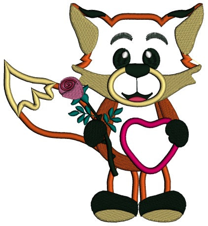 Cute Fox With a Flower And Big Heart Applique Machine Embroidery Design Digitized Pattern